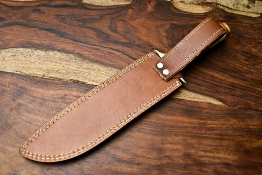 15" Handmade Damascus Steel Bowie Hunting Knife | Camel Bone Handle with Leather Sheath