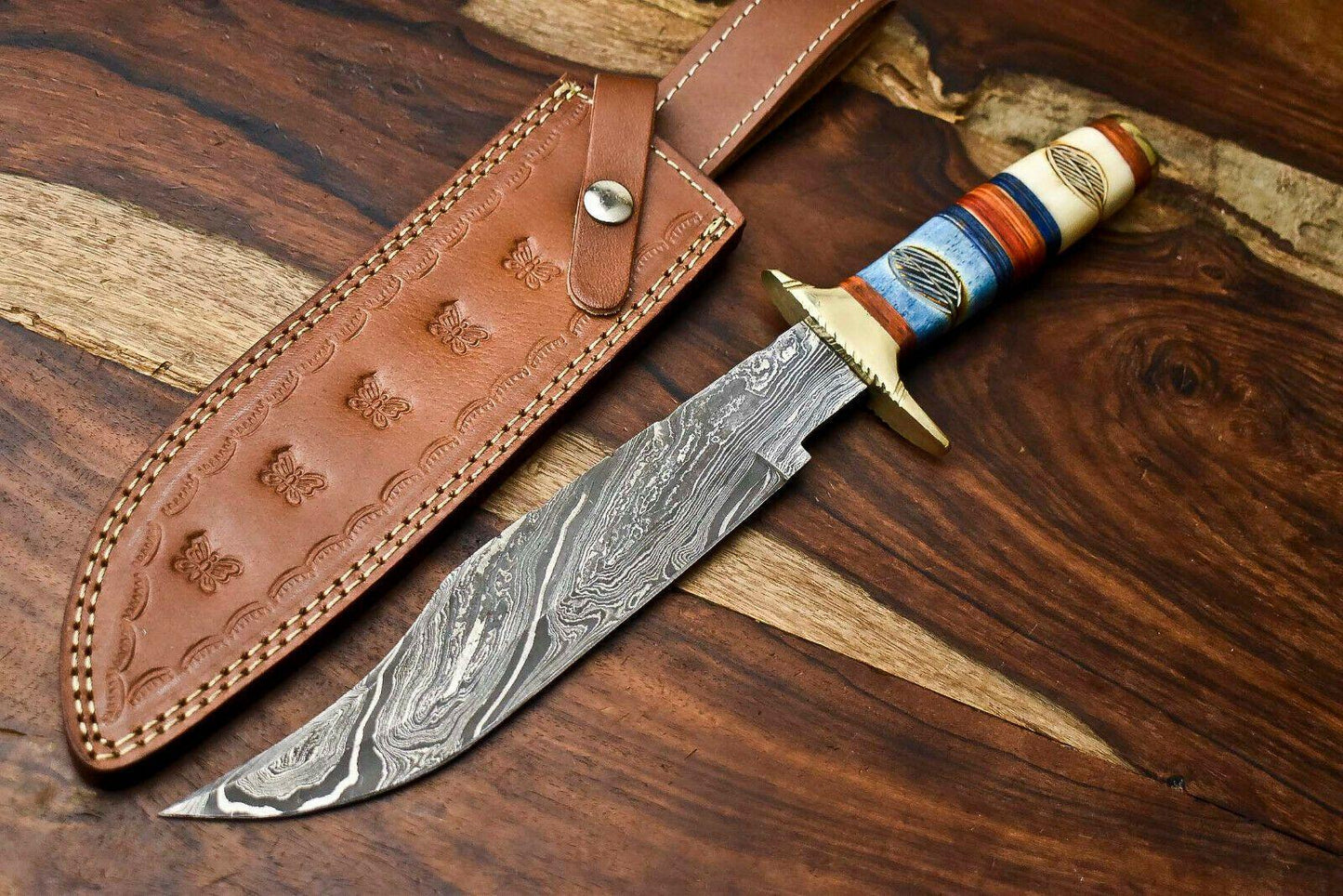15" Handmade Damascus Steel Bowie Hunting Knife | Camel Bone Handle with Leather Sheath