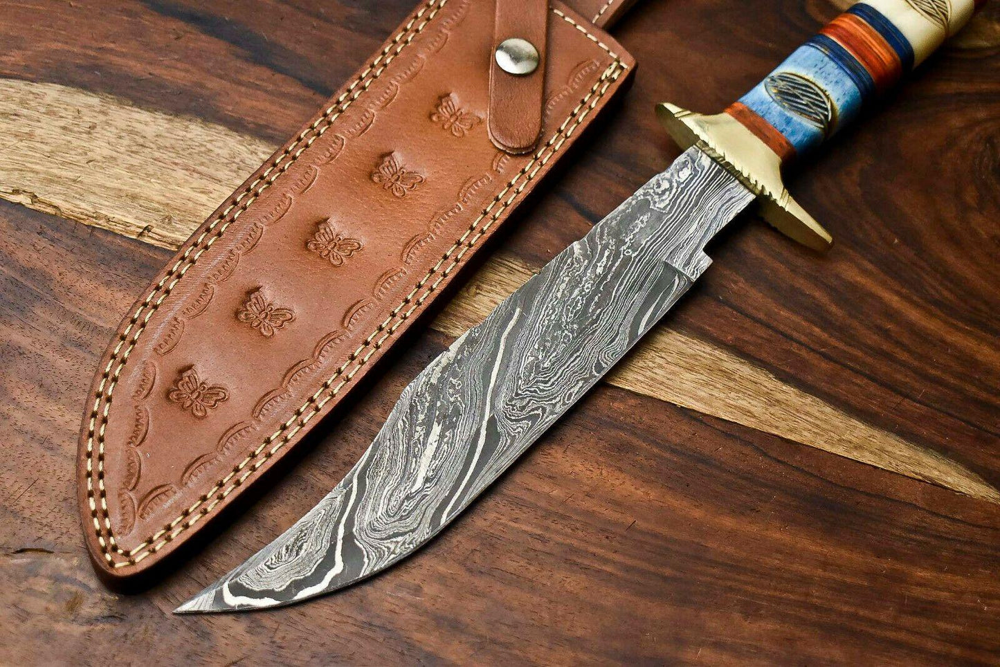 15" Handmade Damascus Steel Bowie Hunting Knife | Camel Bone Handle with Leather Sheath