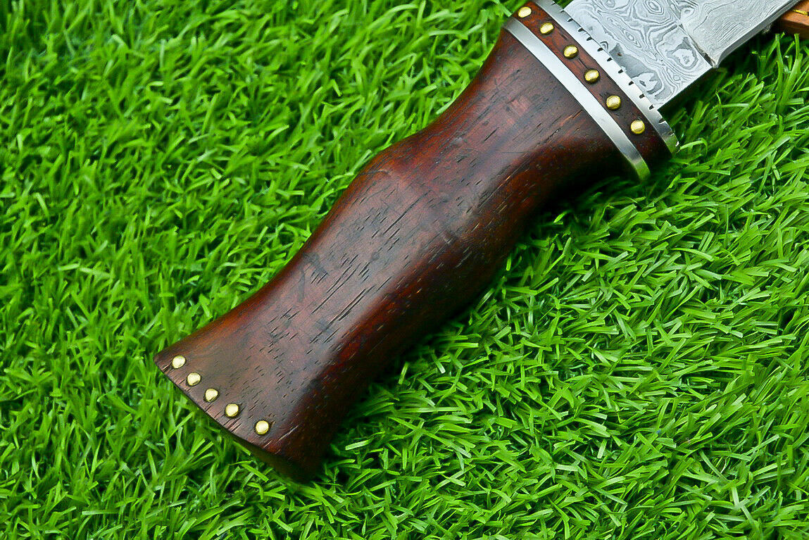 Damascus Steel Bowie Knife with Natural Wood Handle for Camping and Hunting