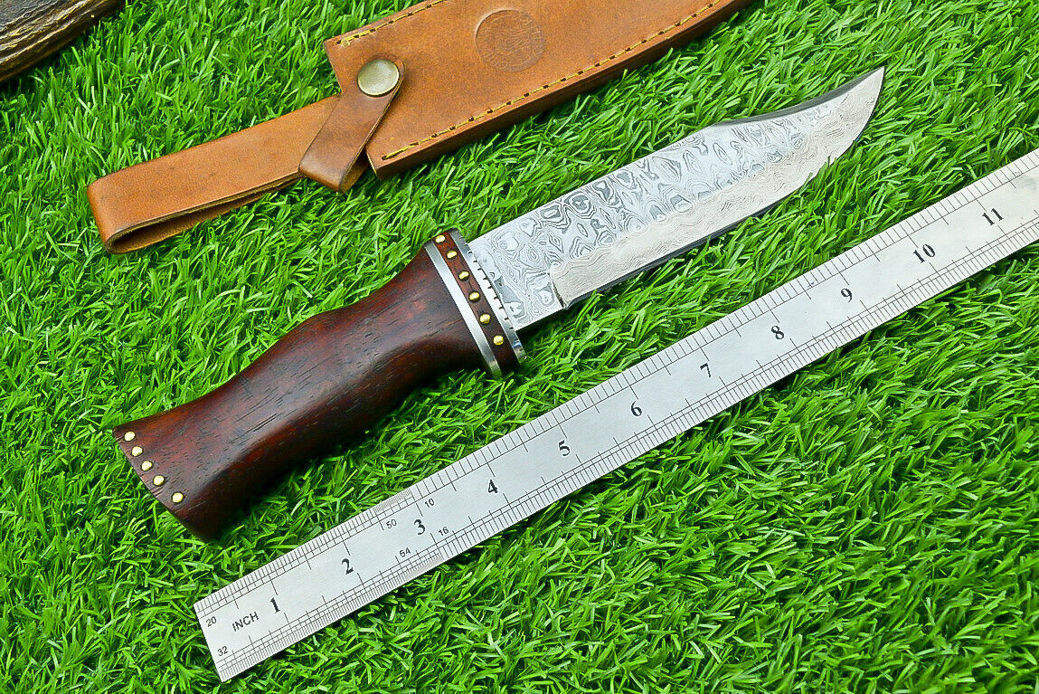 Damascus Steel Bowie Knife with Natural Wood Handle for Camping and Hunting