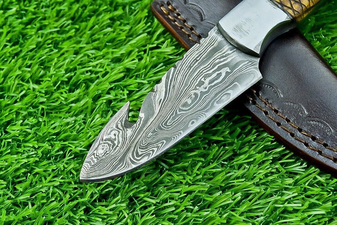 8.25" Damascus Bowie Knife – Full Tang with Olive Wood & Buffalo Horn Handle