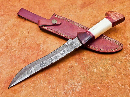 12" Hand Forged Damascus Bowie Knife with Camel Bone & Wood Handle – Leather Sheath Included