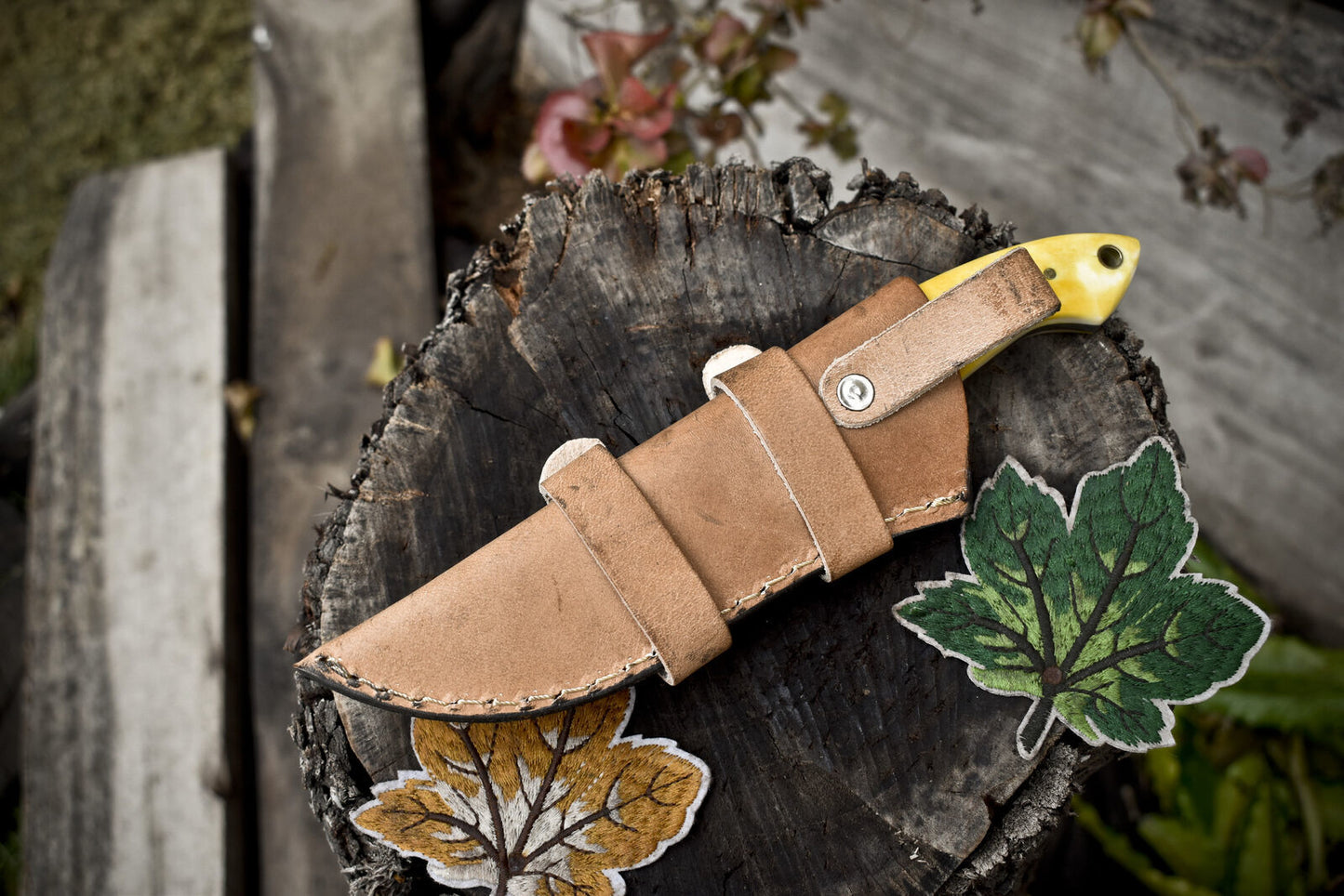 Hand Forged Twist Damascus Skinner Knife – Bone Handle with Micarta Bolster & Leather Sheath