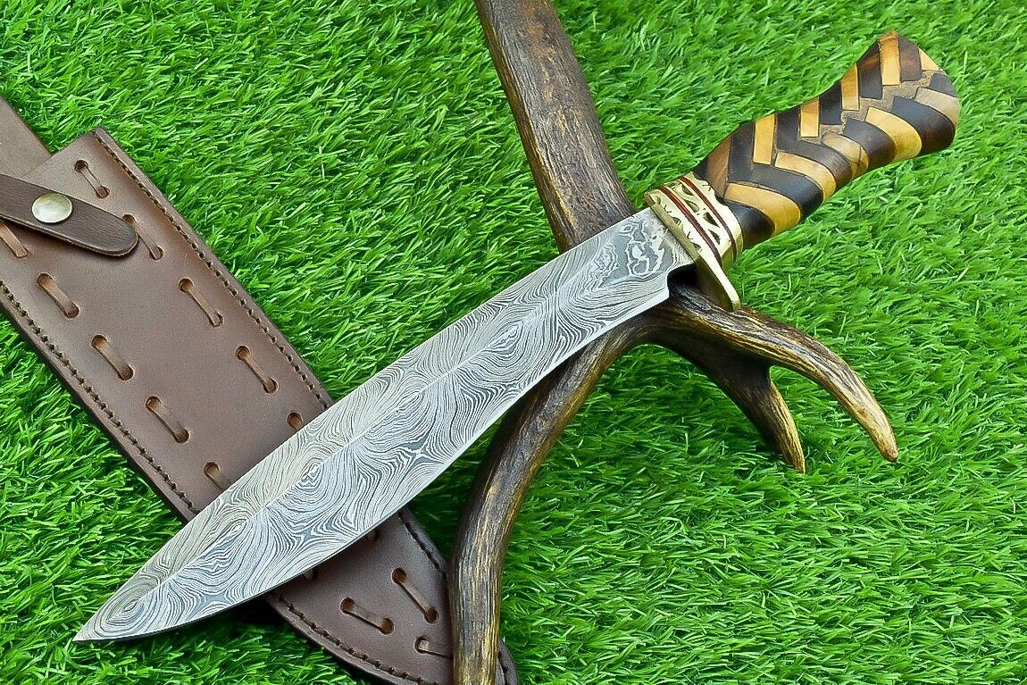 Heritage Forge 14 Inch Damascus Steel Bowie Knife with Natural Wood Handle | Hand Forged Hunting Camping Knife