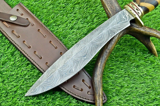 Heritage Forge 14 Inch Damascus Steel Bowie Knife with Natural Wood Handle | Hand Forged Hunting Camping Knife