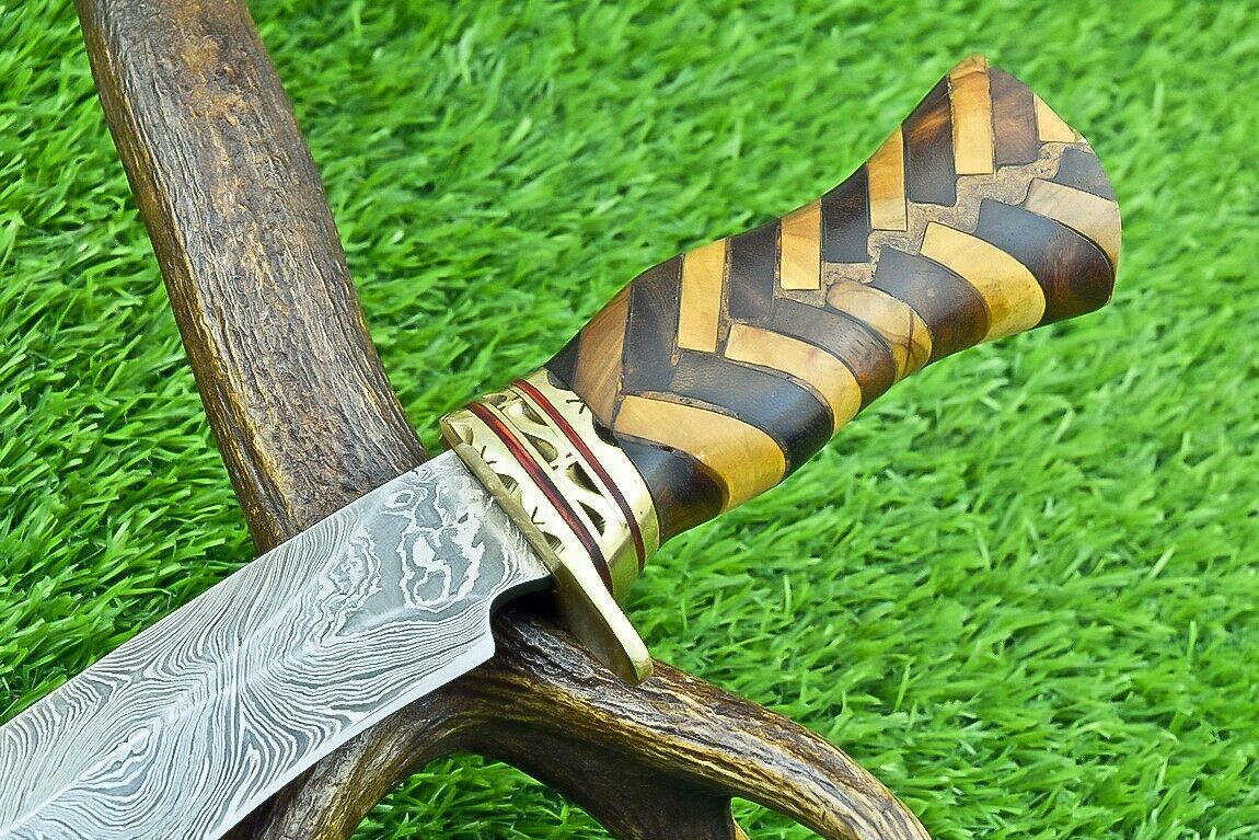 Heritage Forge 14 Inch Damascus Steel Bowie Knife with Natural Wood Handle | Hand Forged Hunting Camping Knife