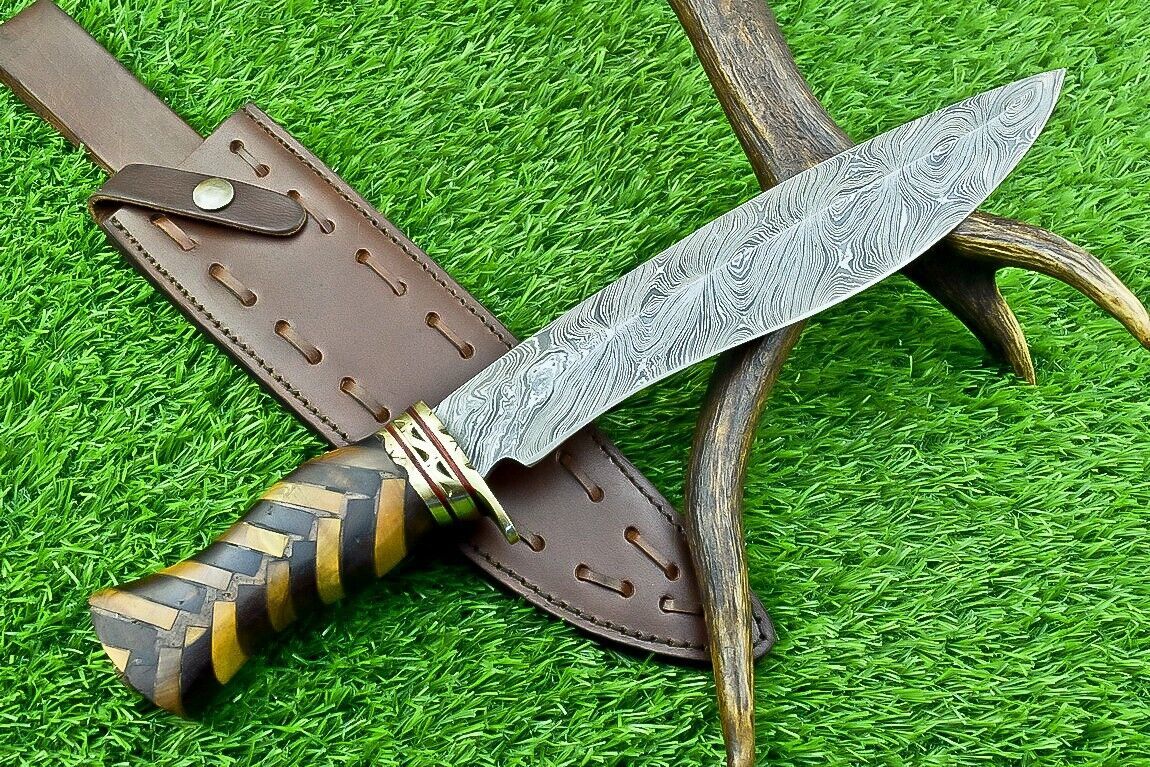 Heritage Forge 14 Inch Damascus Steel Bowie Knife with Natural Wood Handle | Hand Forged Hunting Camping Knife