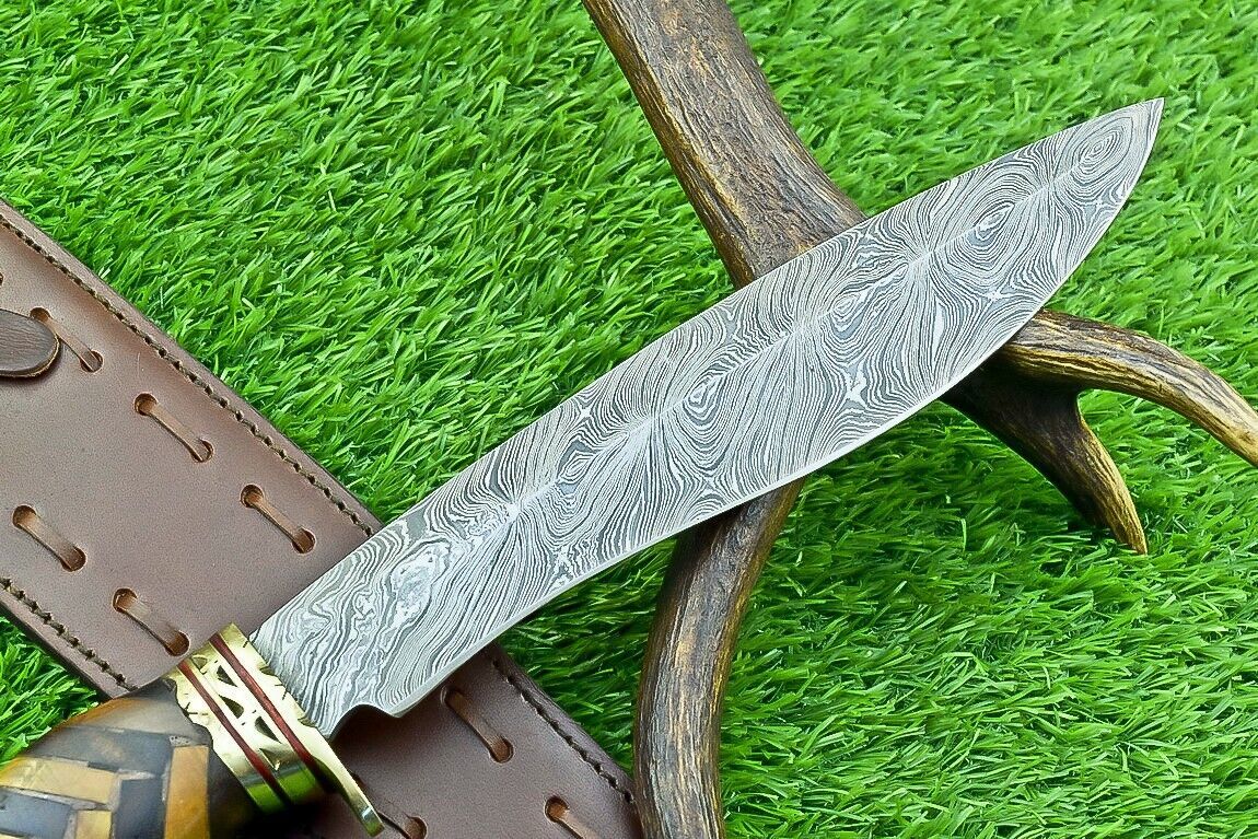 Heritage Forge 14 Inch Damascus Steel Bowie Knife with Natural Wood Handle | Hand Forged Hunting Camping Knife