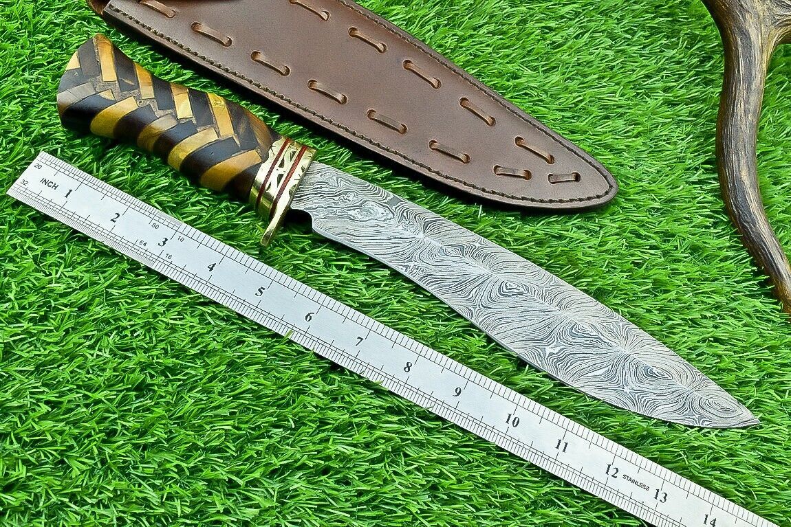 Heritage Forge 14 Inch Damascus Steel Bowie Knife with Natural Wood Handle | Hand Forged Hunting Camping Knife