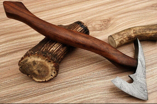 Handmade Forged Damascus Steel Tomahawk Spike Axe with Rose Wood Handle and Leather Sheath