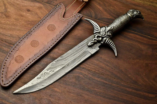 Heritage Forge 14.5" Damascus Bowie Knife with Pewter Handle and Leather Sheath