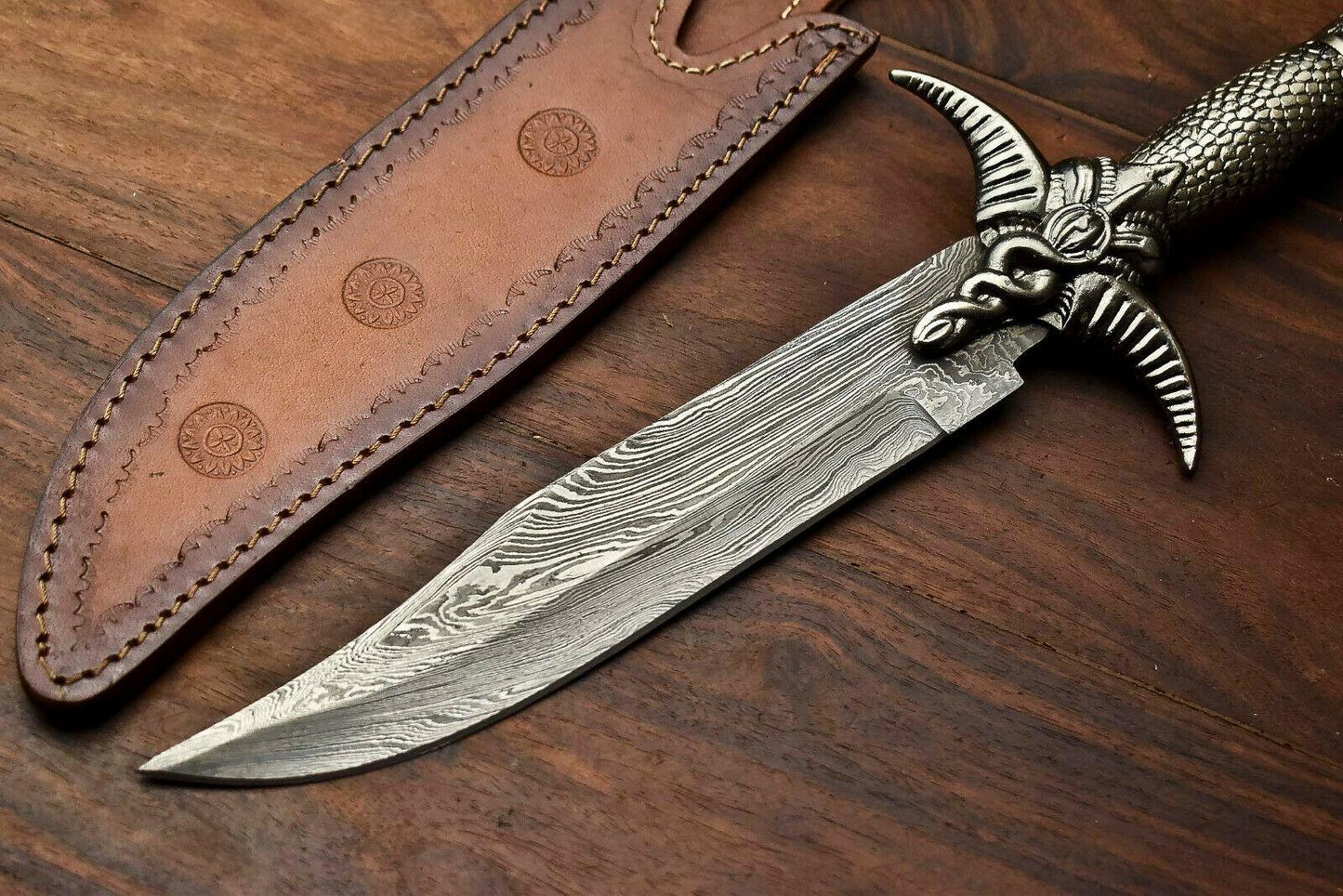 Heritage Forge 14.5" Damascus Bowie Knife with Pewter Handle and Leather Sheath