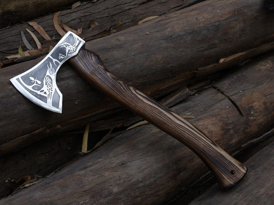 Handmade Viking Axe with Ash Wood Handle and Carbon Steel Blade Tomahawk with Leather Sheath