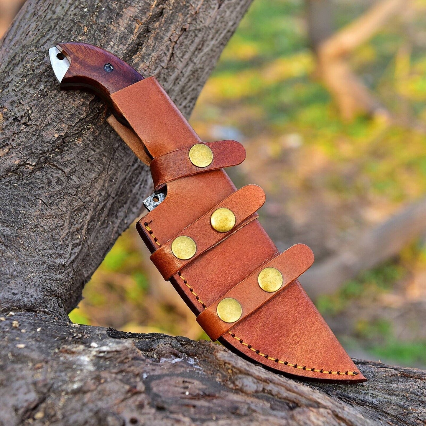 Tactical Survival Handmade Damascus Steel Tanto Tracker Knife – 10" Full Tang Wood Handle with Leather Sheath