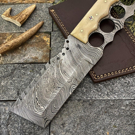Handmade Damascus Steel Cleaver Hunting Knife with Camel Bone Handle and Leather Sheath
