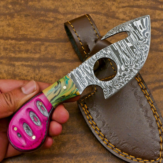 Damascus Gut Hook Skinner Hunting Knife Handmade Fixed Blade Camping Tool
