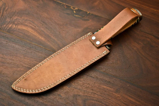 13" Damascus Steel Bowie Knife – Camel Bone Handle with Leather Sheath