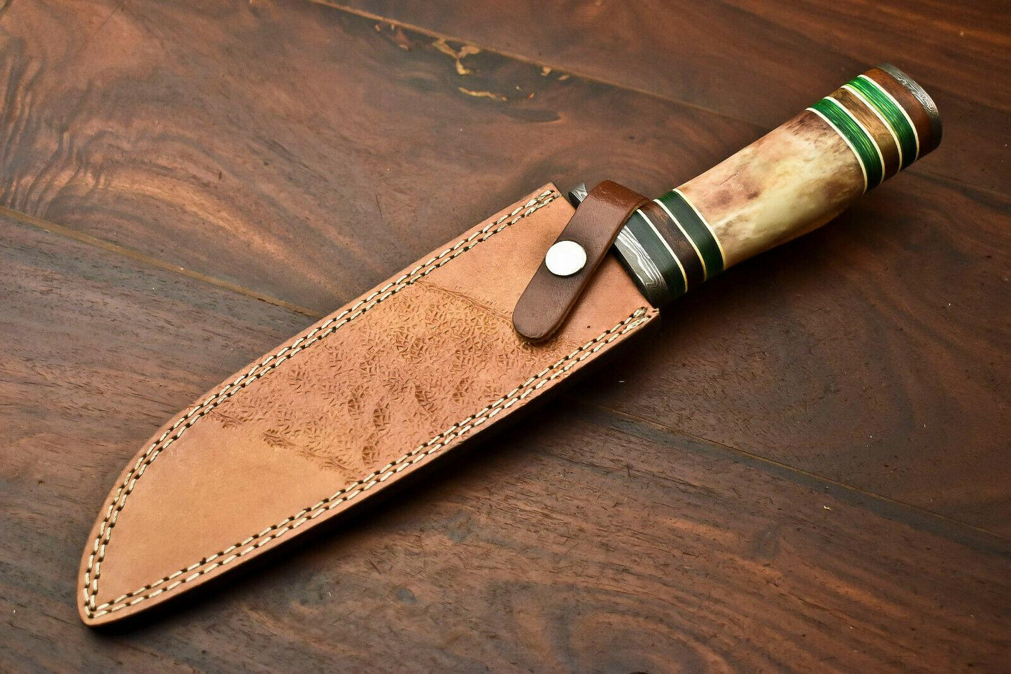 13" Damascus Steel Bowie Knife – Camel Bone Handle with Leather Sheath