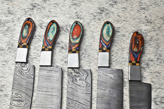 Premium Lot of 5 Handmade Hammered Damascus Steel Chef Knives – Artisan Forged Set