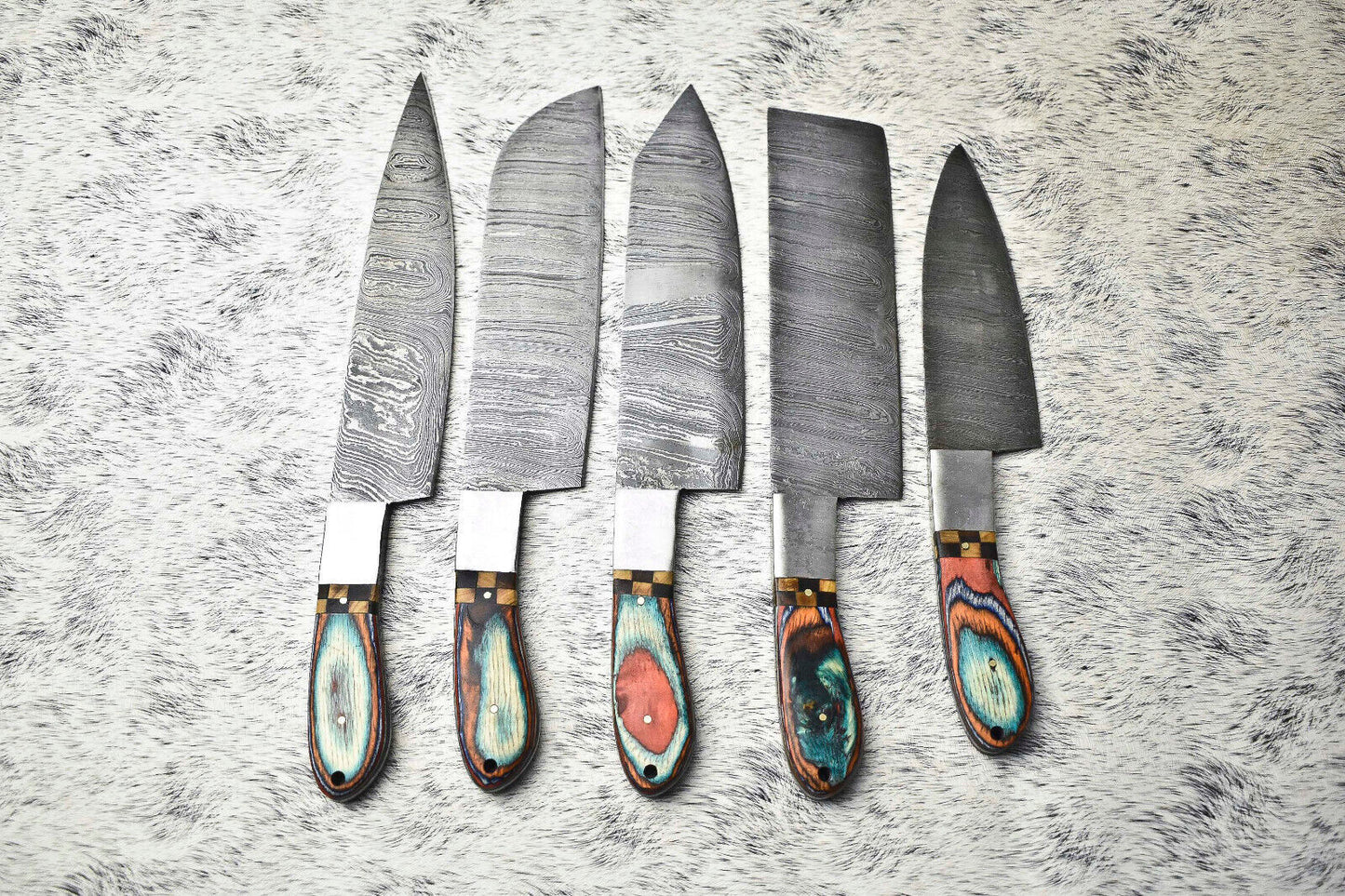 Premium Lot of 5 Handmade Hammered Damascus Steel Chef Knives – Artisan Forged Set