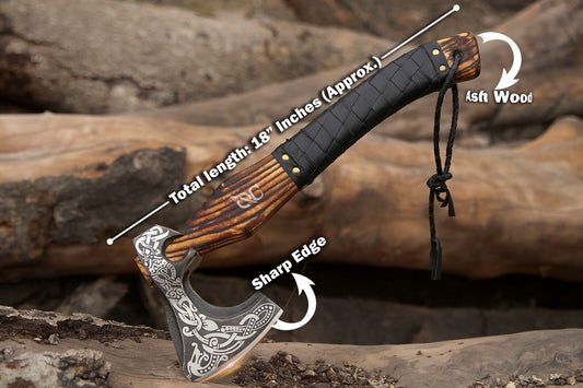Valhalla Viking Axe Hand Forged Carbon Steel Battle Ready Hatchet with Wooden Handle and Leather Sheath