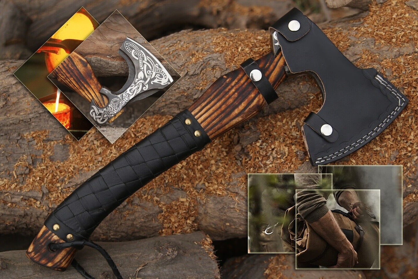 Valhalla Viking Axe Hand Forged Carbon Steel Battle Ready Hatchet with Wooden Handle and Leather Sheath