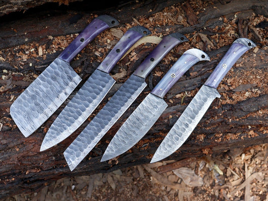 Chef Set Handmade Damascus Blade Kitchen 5pcs Kitchen Knife Tool with Leather Sheath