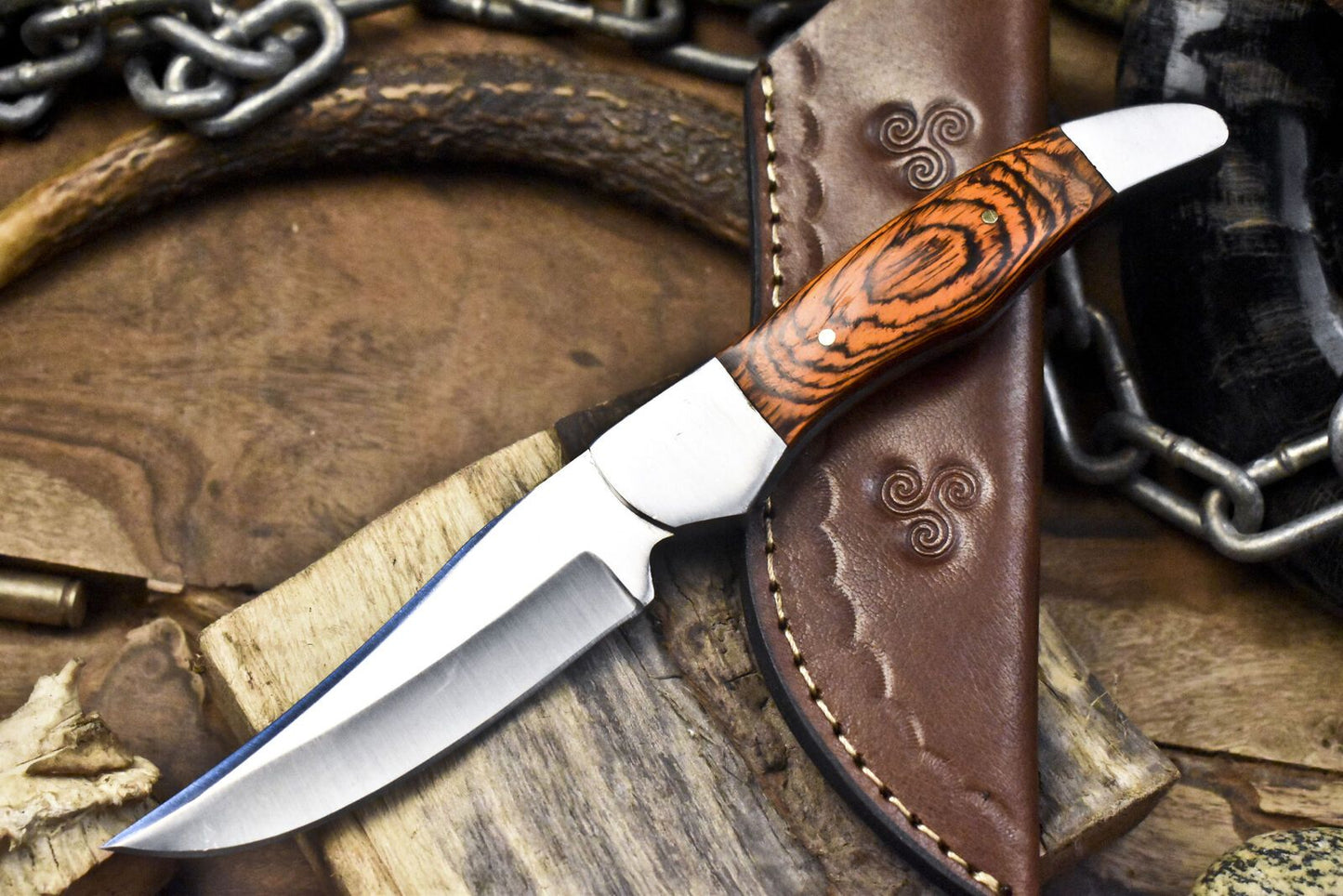 9" Custom Skinner Knife | ATS-34 Steel Blade | Hard Wood Handle with Steel Bolster