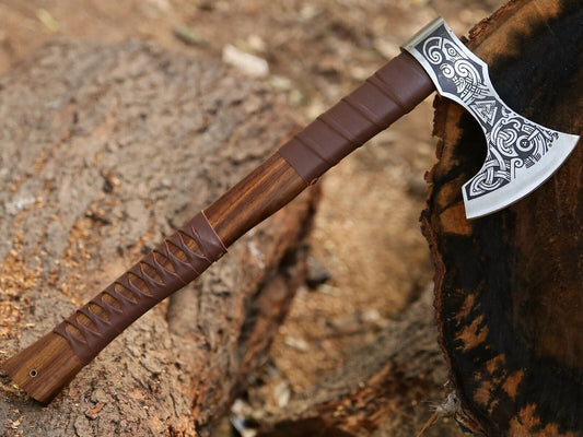 Custom Gift Forged Handmade Carbon Steel Viking Axe – Camping Hatchet with Leather Sheath