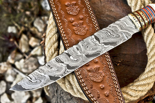 14 Inch Hand Forged Damascus Steel Bowie Knife Camel Bone Handle Brass Bolster