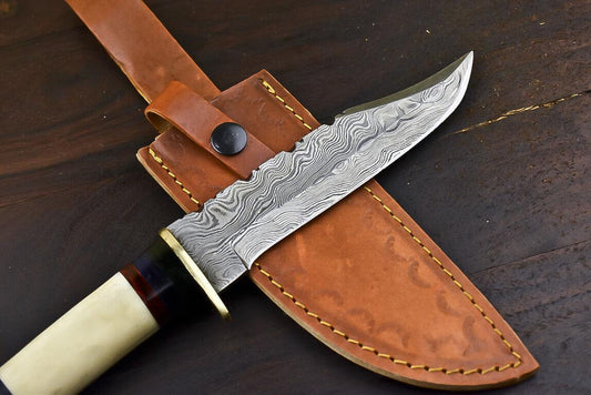 13.5" Damascus Steel Bowie Knife – Crown Antler Handle & Leather Sheath