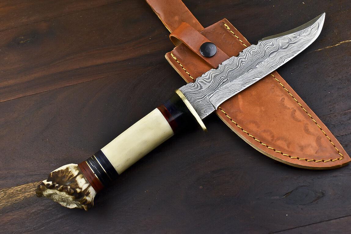 13.5" Damascus Steel Bowie Knife – Crown Antler Handle & Leather Sheath