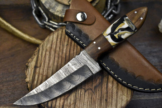 Twist Damascus Skinner Knife with Corain Handle and Wooden Bolster for Hiking & Hunting