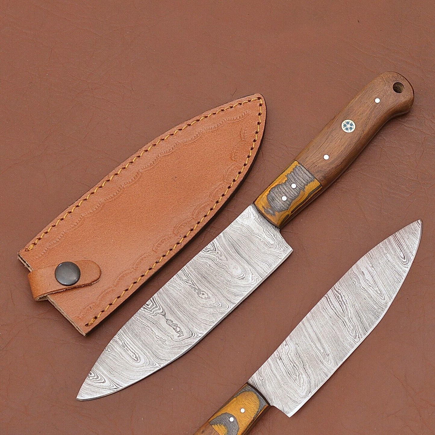 Hand Forged Damascus Steel Chef Knife | Custom Kitchen Knife with Wood Handle & Sheath