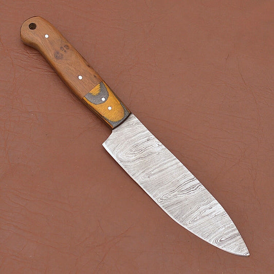 Hand Forged Damascus Steel Chef Knife | Custom Kitchen Knife with Wood Handle & Sheath