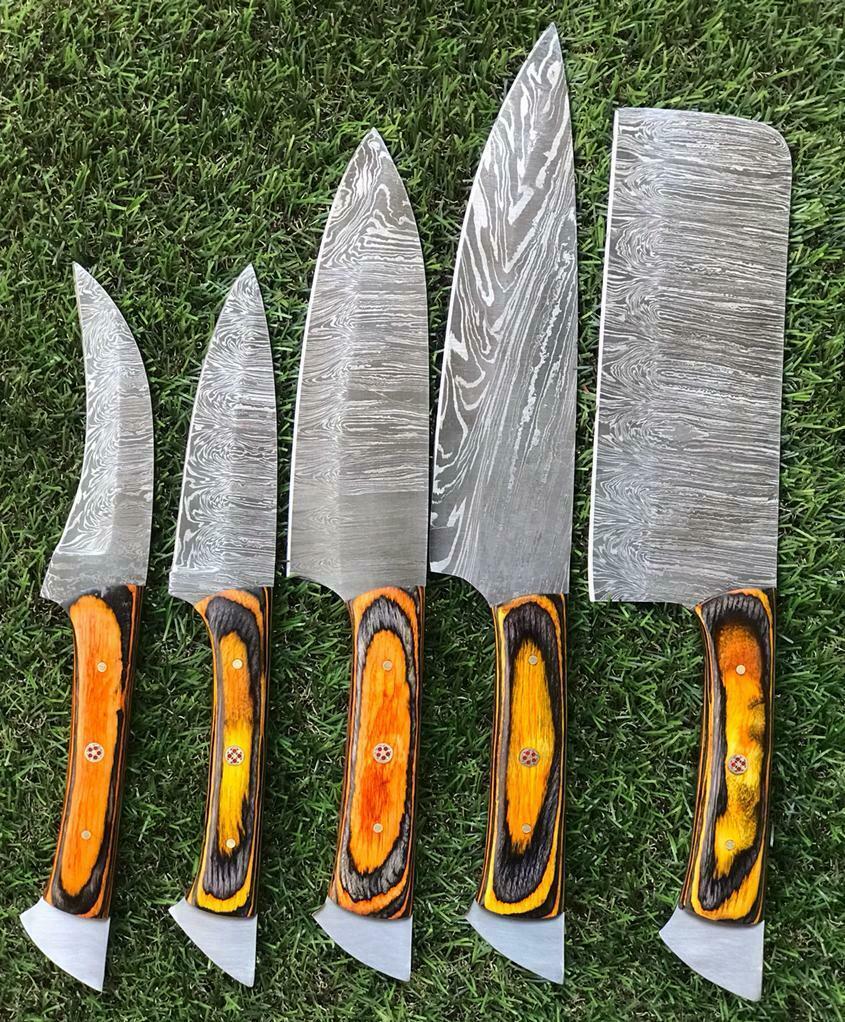 CUSTOM HANDMADE TWIST DAMASCUS STEEL CHEF KNIFE SET – WALNUT HANDLE