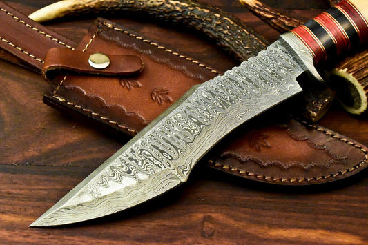 13" Custom Damascus Steel Bowie Knife | Olive Wood Handle