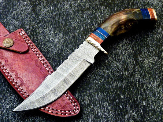 Damascus Bowie – 10" Handmade Ram Horn & Hardwood Handle with Leather Sheath
