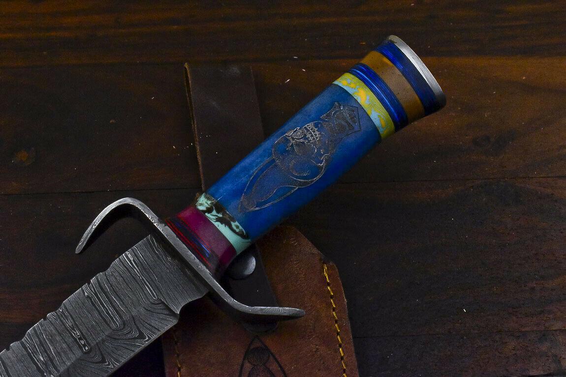 Rare 15.6" Handmade Damascus Hunting Bowie Knife – Camel Bone Handle with Scrimshaw & Leather Sheath