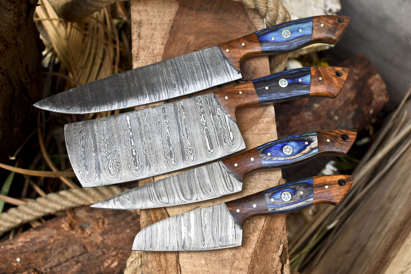 Hand Forged Chef Knife Set of 4 – Twist Damascus Steel with Hardwood Handle – Survival & Kitchen Knives