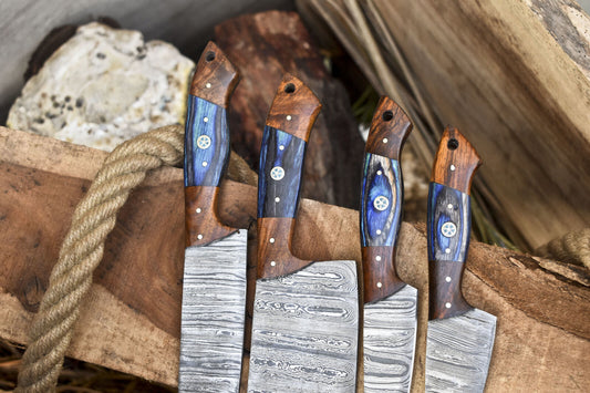 Hand Forged Chef Knife Set of 4 – Twist Damascus Steel with Hardwood Handle – Survival & Kitchen Knives