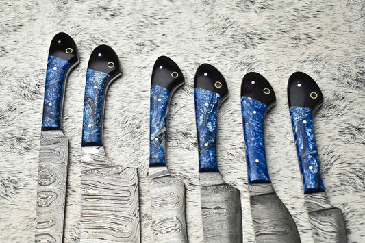 Premium Lot of 6 Handmade Damascus Steel Chef Knives – Full Tang, Artisan Forged Blade Set