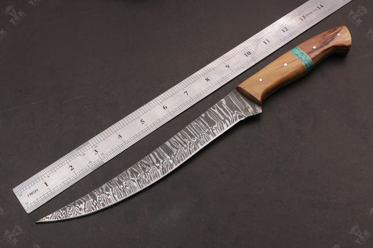 14" Damascus Fillet Knife Fire Damascus Steel Fillet Knife W/Sheath