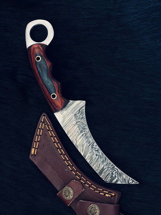 9.25" Twist Damascus Steel Bowie Knife – Handmade Camel Bone & Wood Handle