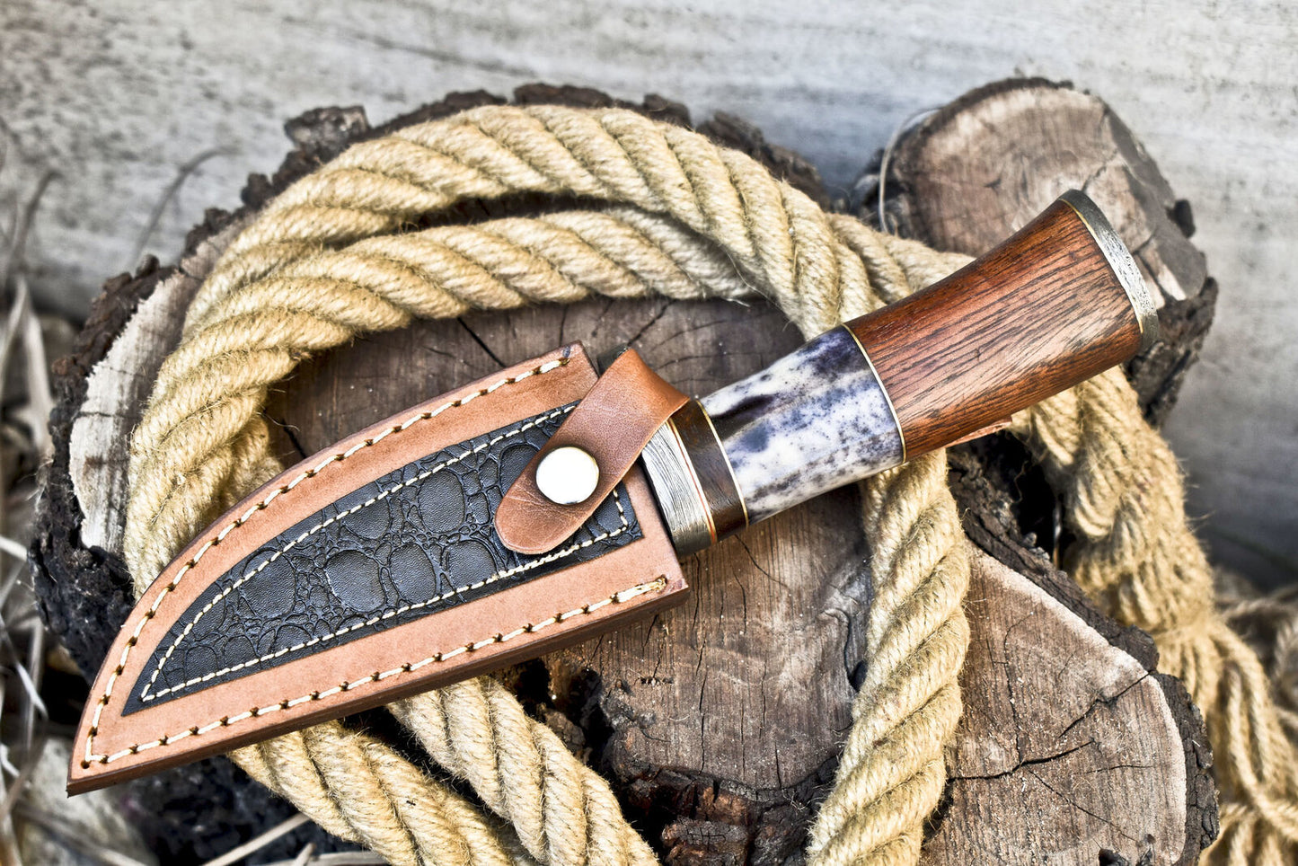 Hand Forged Damascus Steel Skinner Knife with Hard Wood Handle and Damascus Guard Hunting Tool