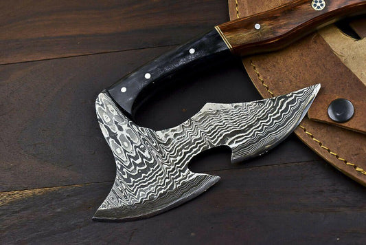 Handmade Damascus Steel Hard Wood Clever Chopper Axe Knife with Leather Sheath