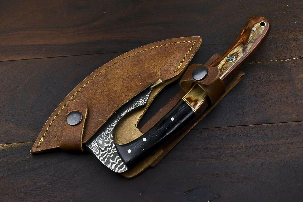 Handmade Damascus Steel Hard Wood Clever Chopper Axe Knife with Leather Sheath