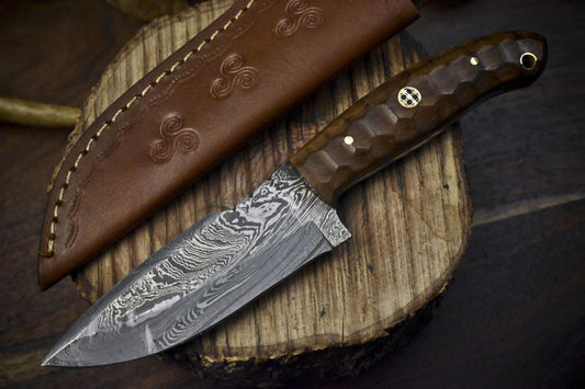 Twist Damascus Skinner Knife with Walnut Wood Handle – 8.5" Handmade EDC Hunting Blade