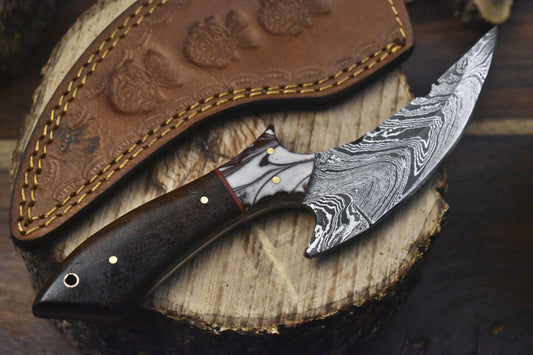 Forged Twist Damascus Skinner Hunting Knife 8 Inch with Walnut Wood Handle and Micarta Bolster W/ Leather Sheath